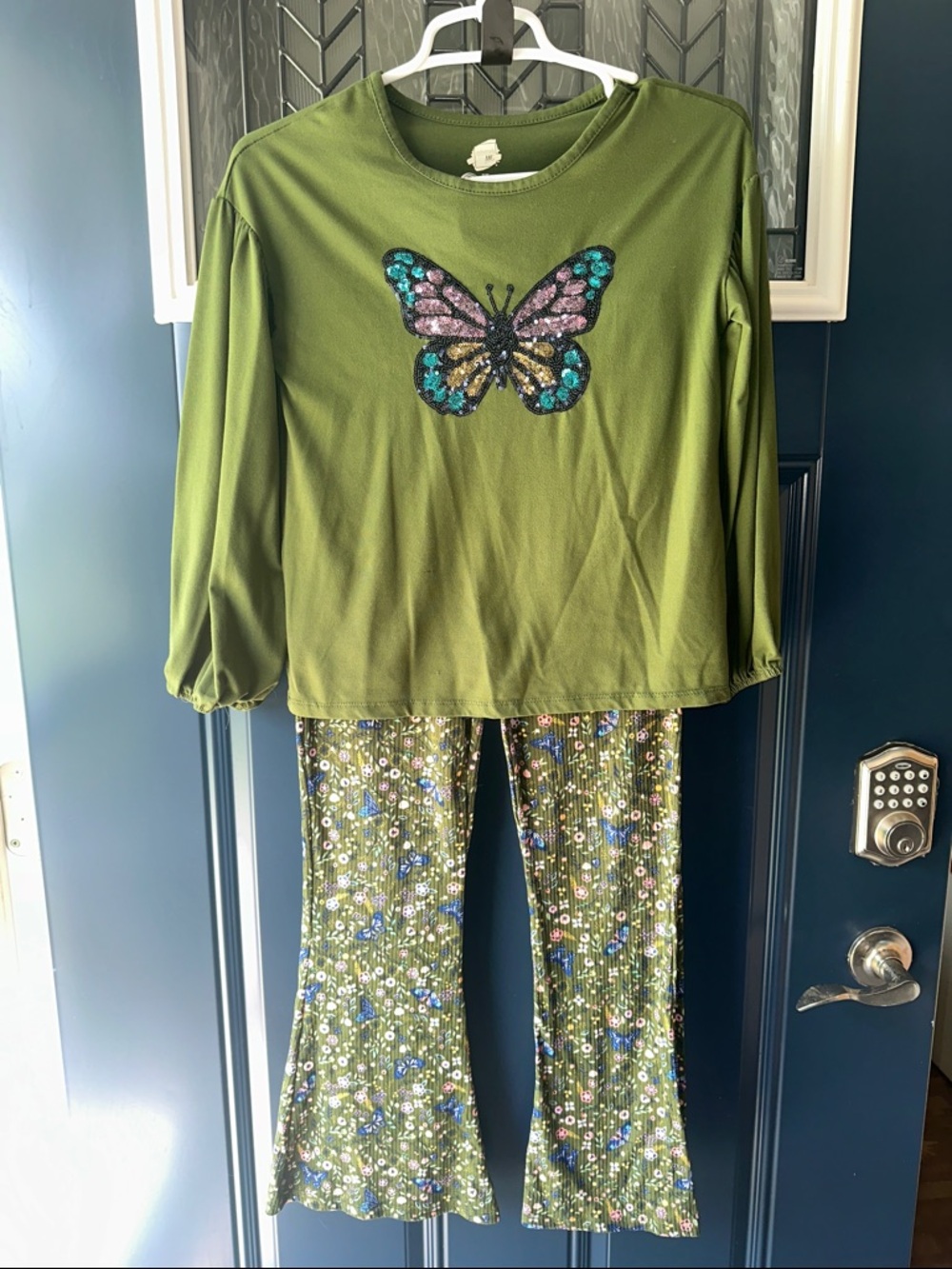 Girls' Olive Green Butterfly Sequin Pajama Set
